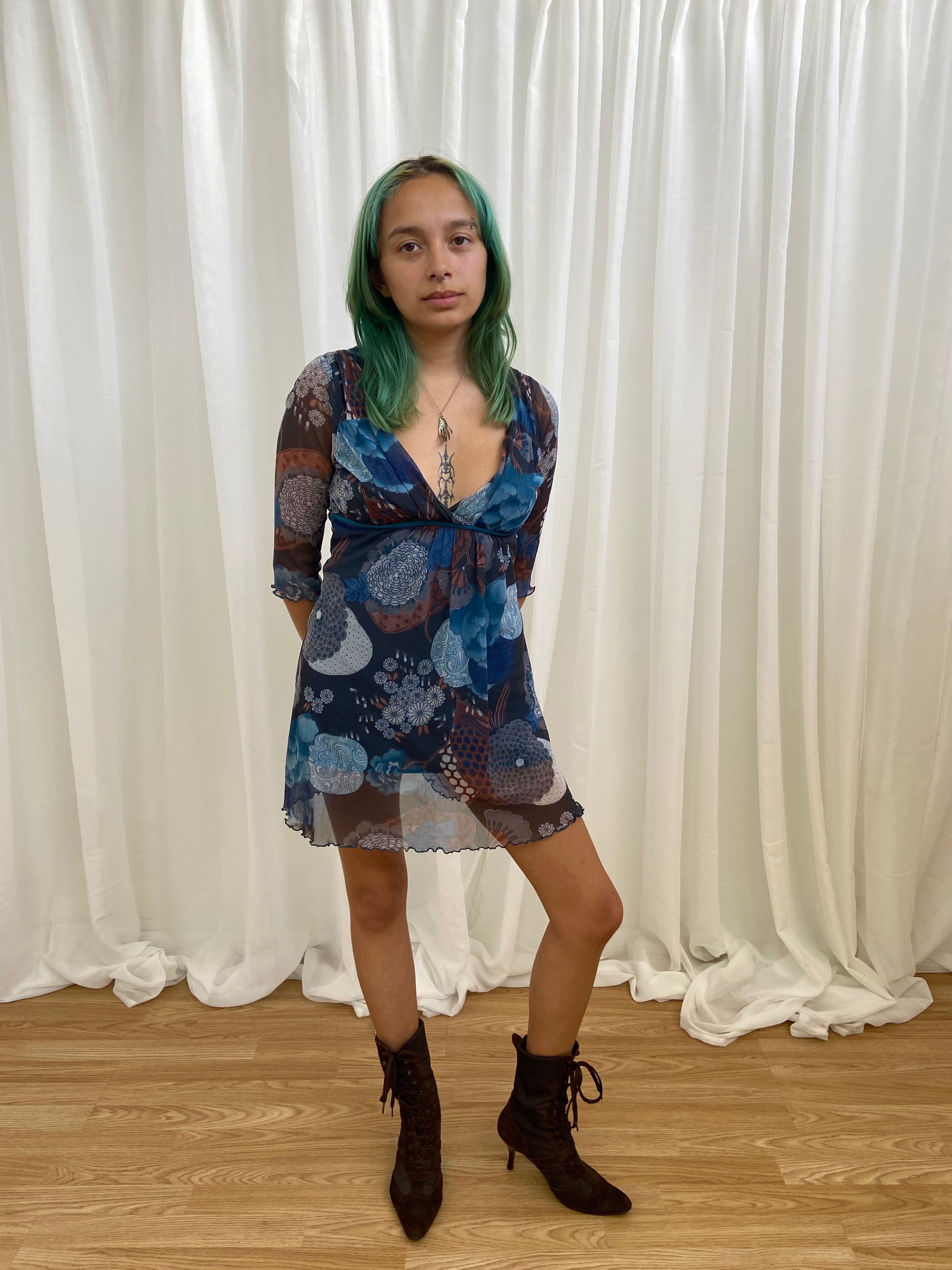Vintage 00s Floral Mesh Dress - Size XS