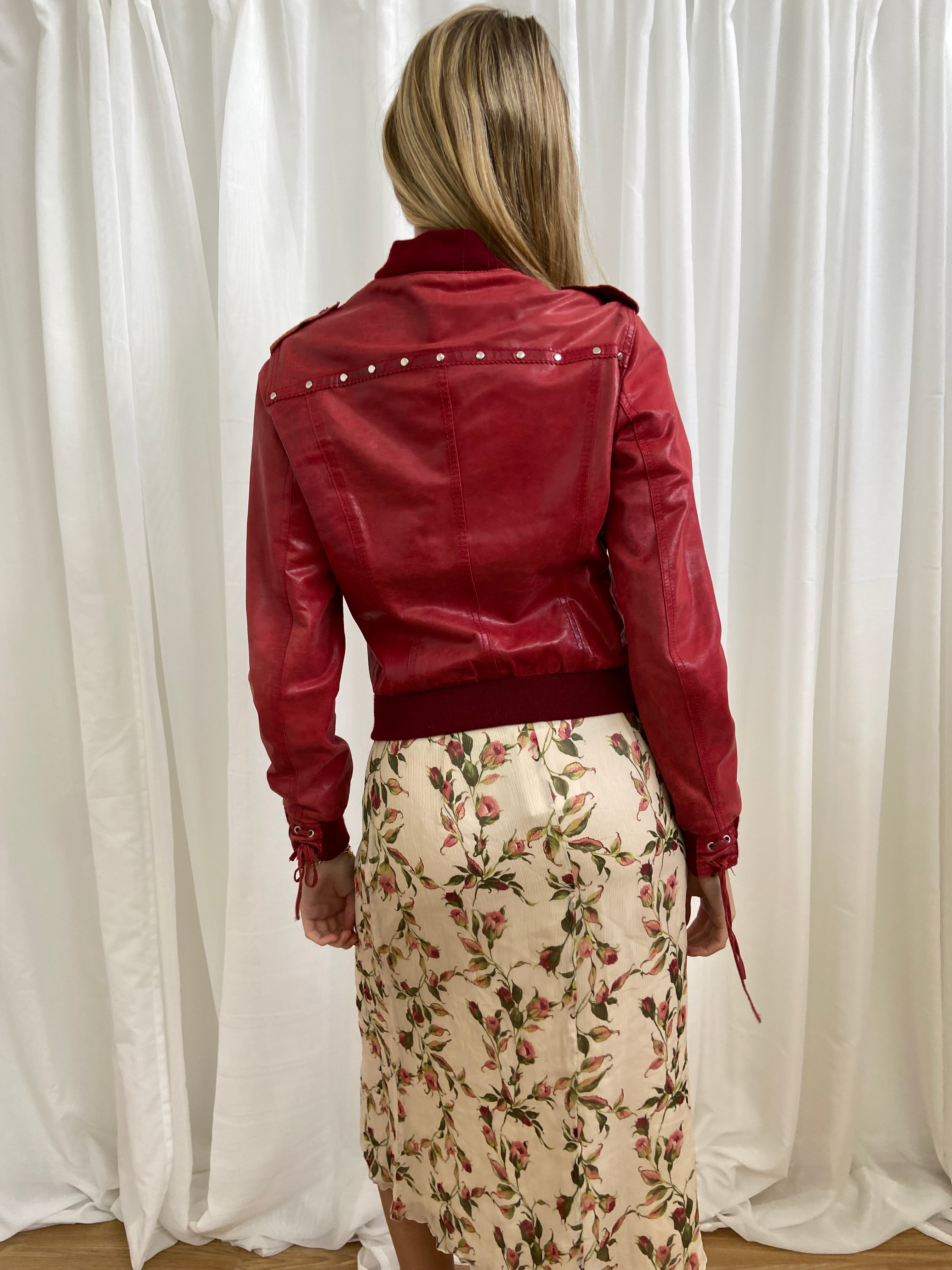 Vintage 00s Red Leather Studded Jacket - Size S