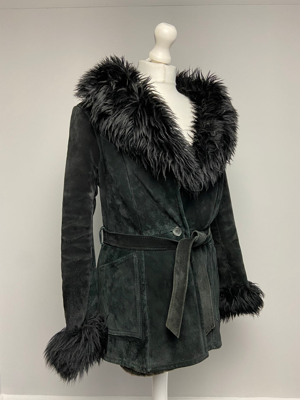 Vintage Leather Mongolian Fur Trim Coat - Size M - Funky Cat