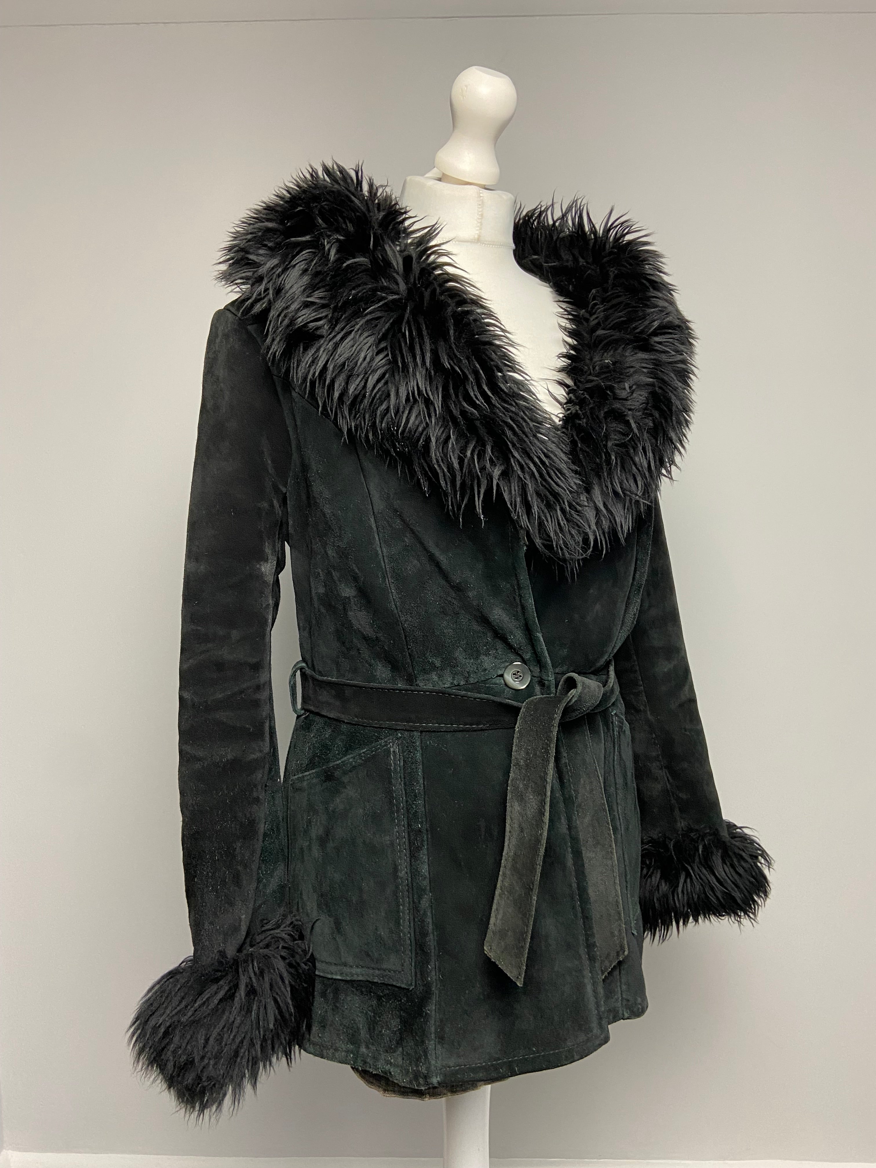 Vintage Leather Mongolian Fur Trim Coat - Size M - Funky Cat