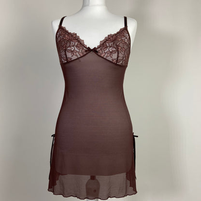 00s Brown Lace Lingerie Dress - Size S