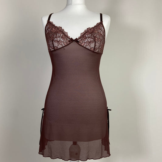 00s Brown Lace Lingerie Dress - Size S