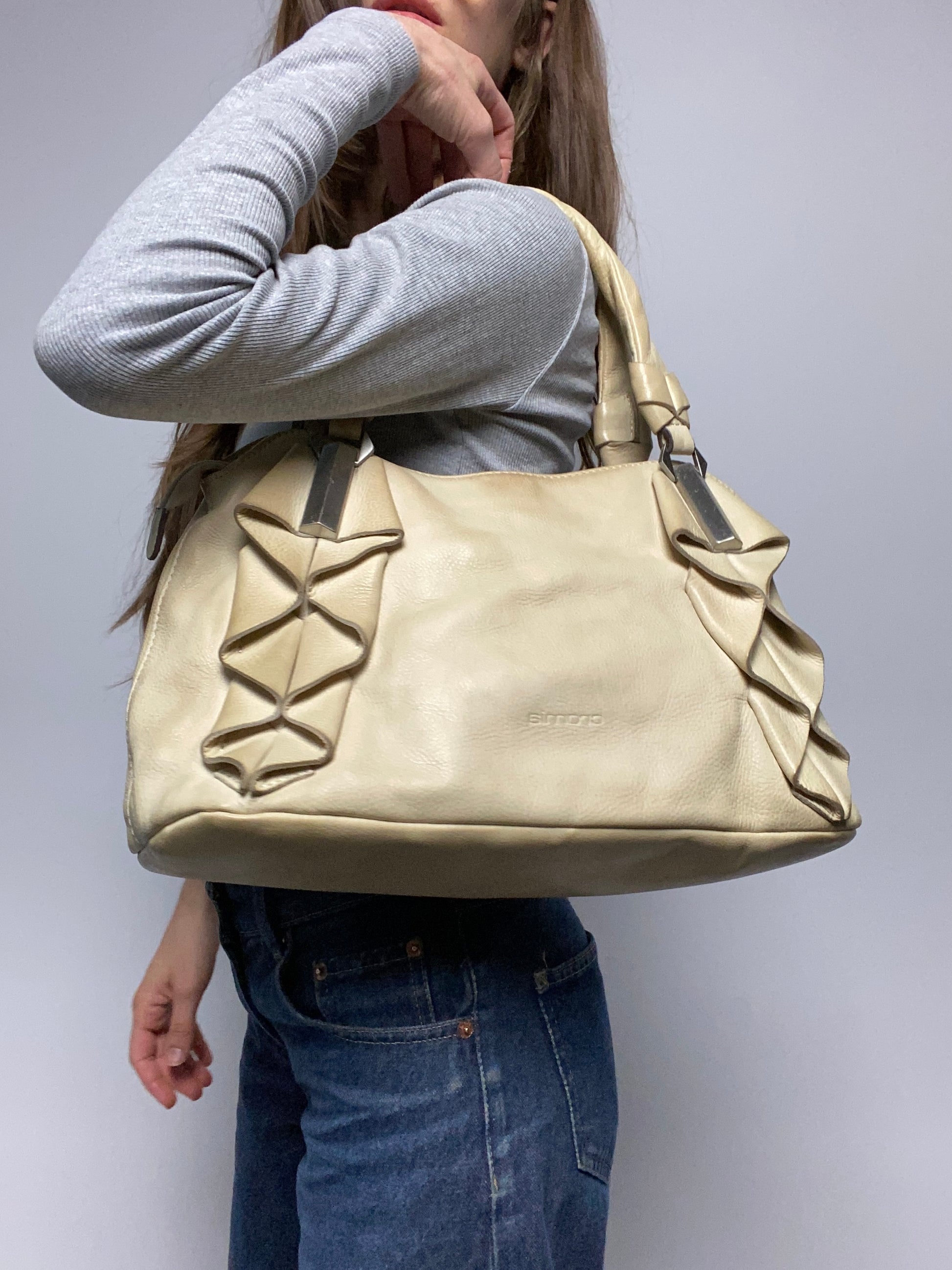 Vintage 00s Leather Ruffle Shoulder Bag - Funky Cat