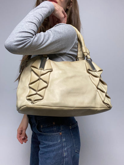 Vintage 00s Leather Ruffle Shoulder Bag - Funky Cat