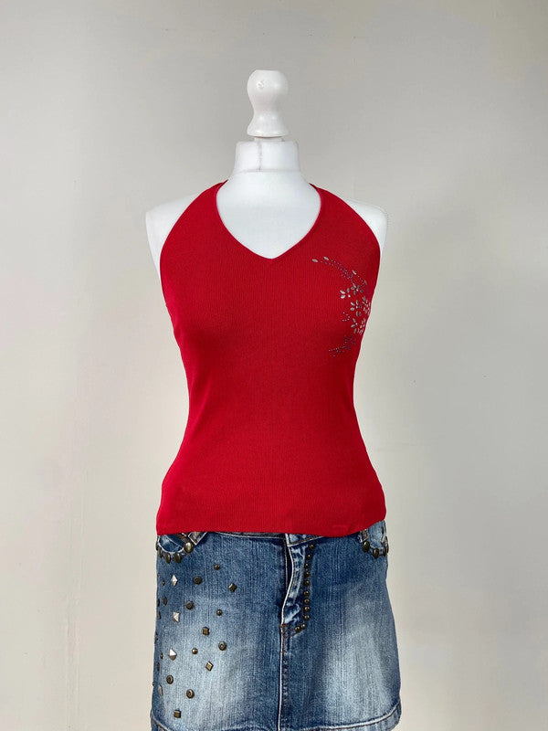 90s Red Halterneck Top - Size S/M