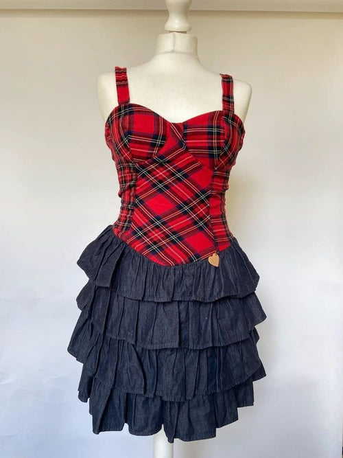 Vintage 00s Plaid Dress With Ruffled Skirt - Size XS - Funky Cat