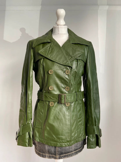 Vintage Green Leather Belted Trench Coat - Size M - Funky Cat