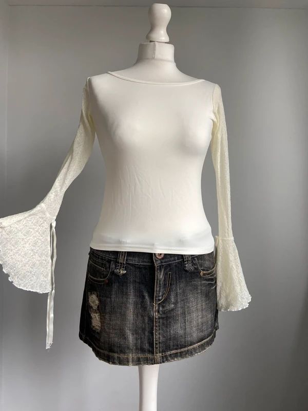 Vintage 00s Boat Neck Top With Flared Sleeves - Size M - Funky Cat