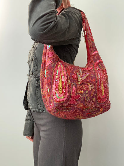 Vintage 00s Sequin Beaded Slouchy Shoulder Bag - Funky Cat