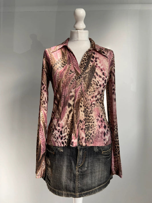 Vintage 00s Leopard Print Top - Size M - Funky Cat