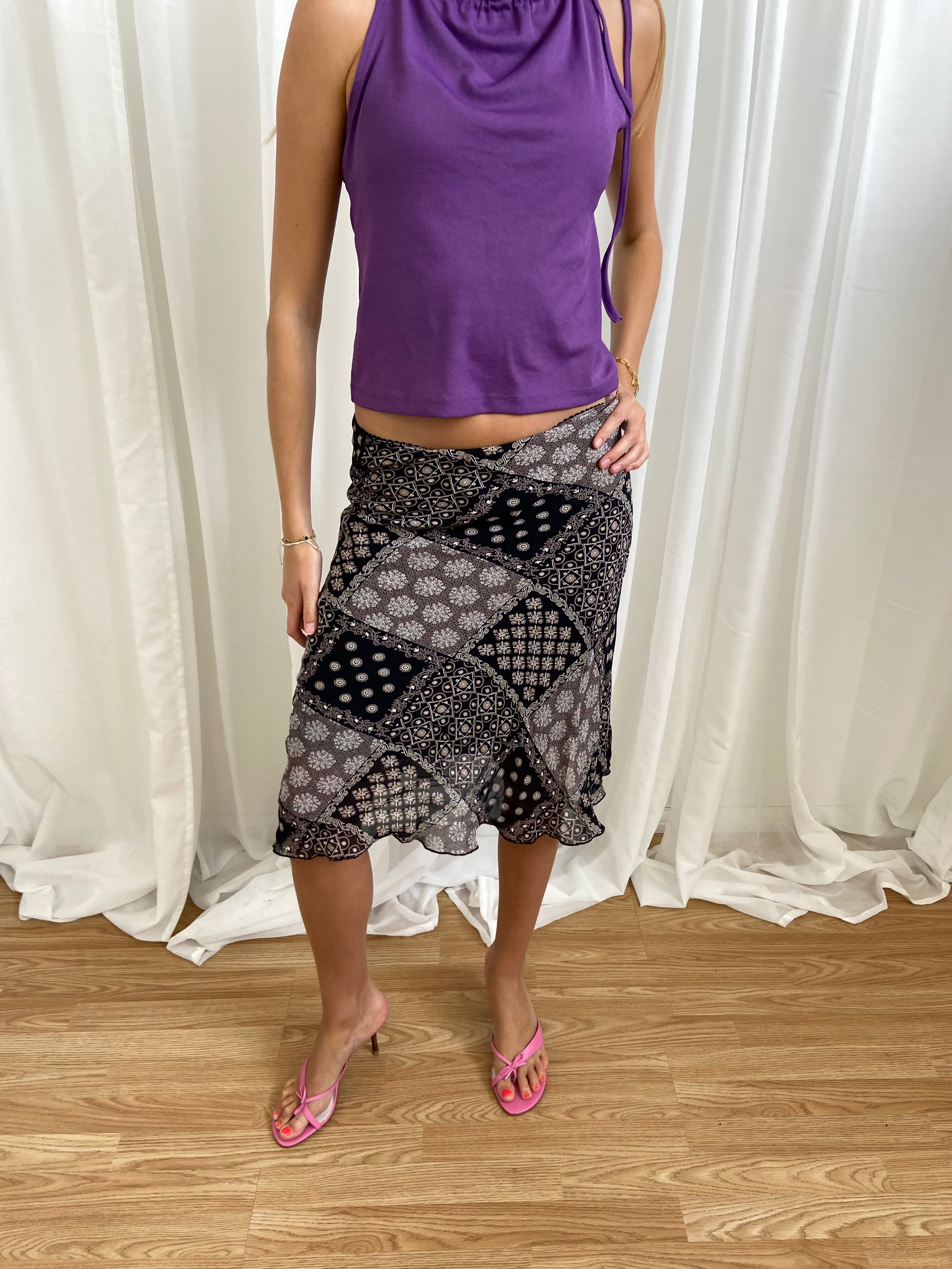 Vintage 00s Patterned Midi Skirt - Size UK 8