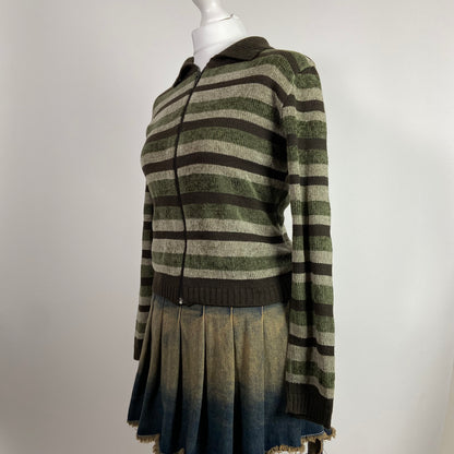 00s Multicoloured Striped Zip Up Jumper - Size M