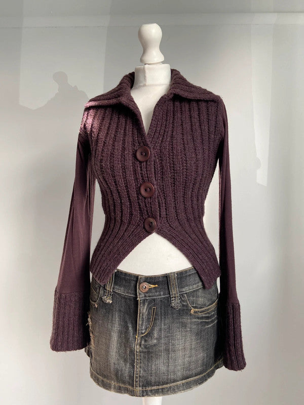 Vintage 00s Purple Ribbed Knit Cardigan- Size S/M - Funky Cat