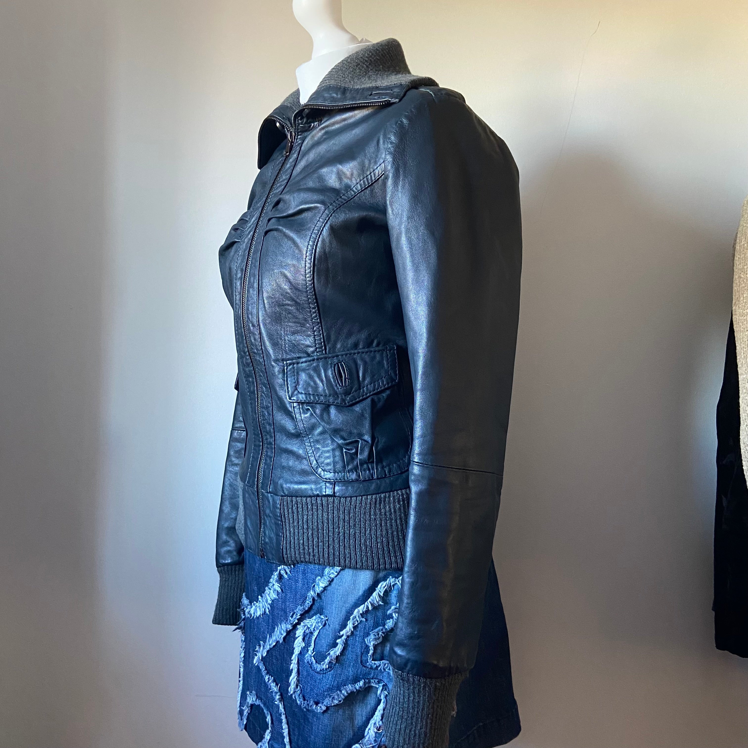 00s Blue & Grey Ruched Leather Jacket - Size M - Funky Cat