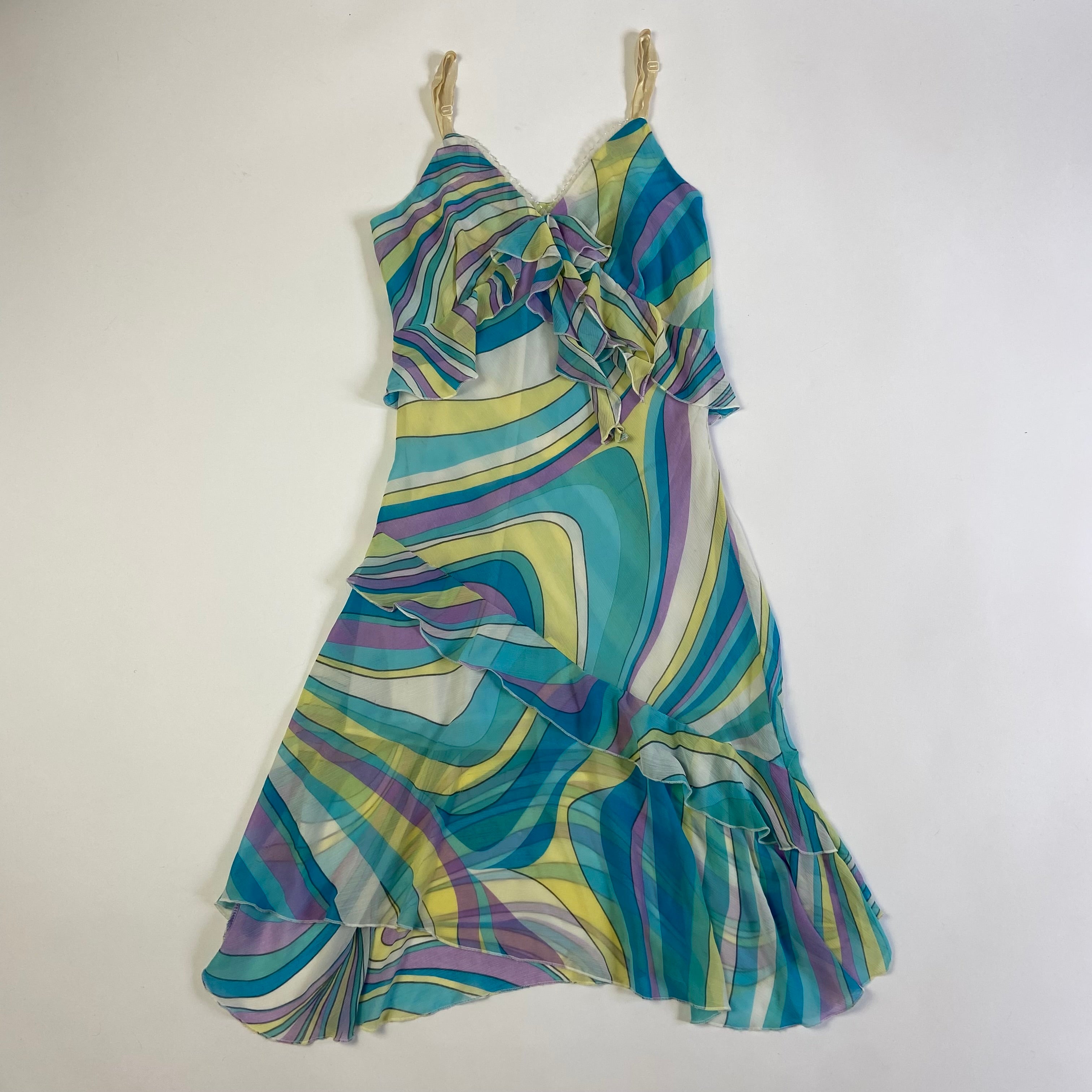 00s Multicoloured Striped Ruffled Dress - Size M/L - Funky Cat
