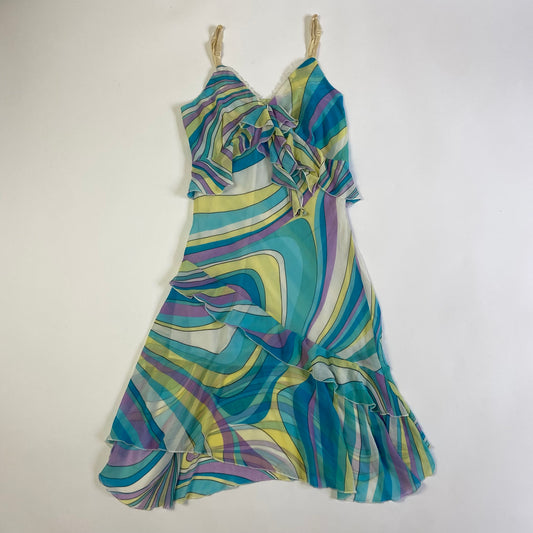 00s Multicoloured Striped Ruffled Dress - Size M/L