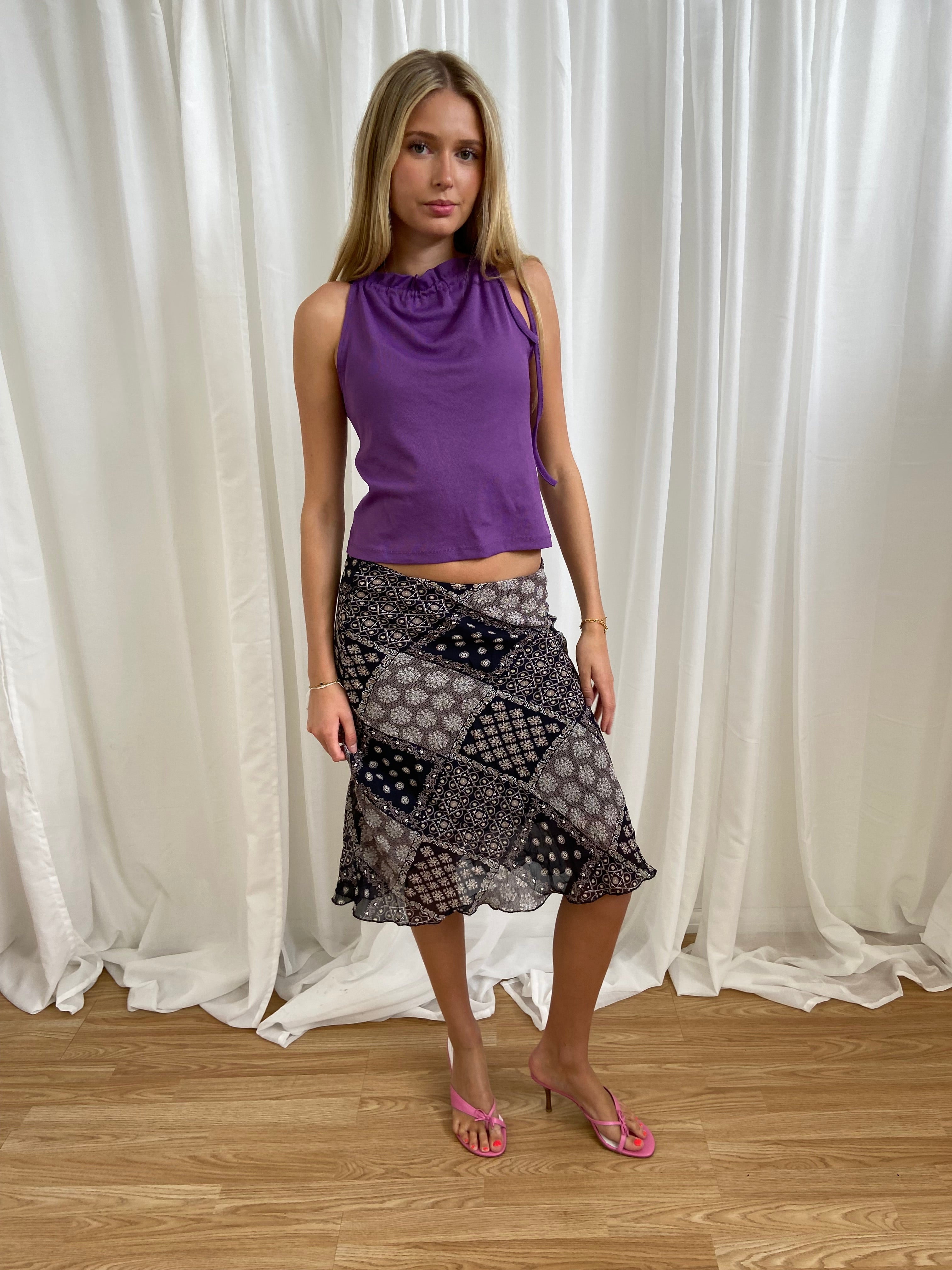 Vintage 00s Patterned Midi Skirt - Size UK 8