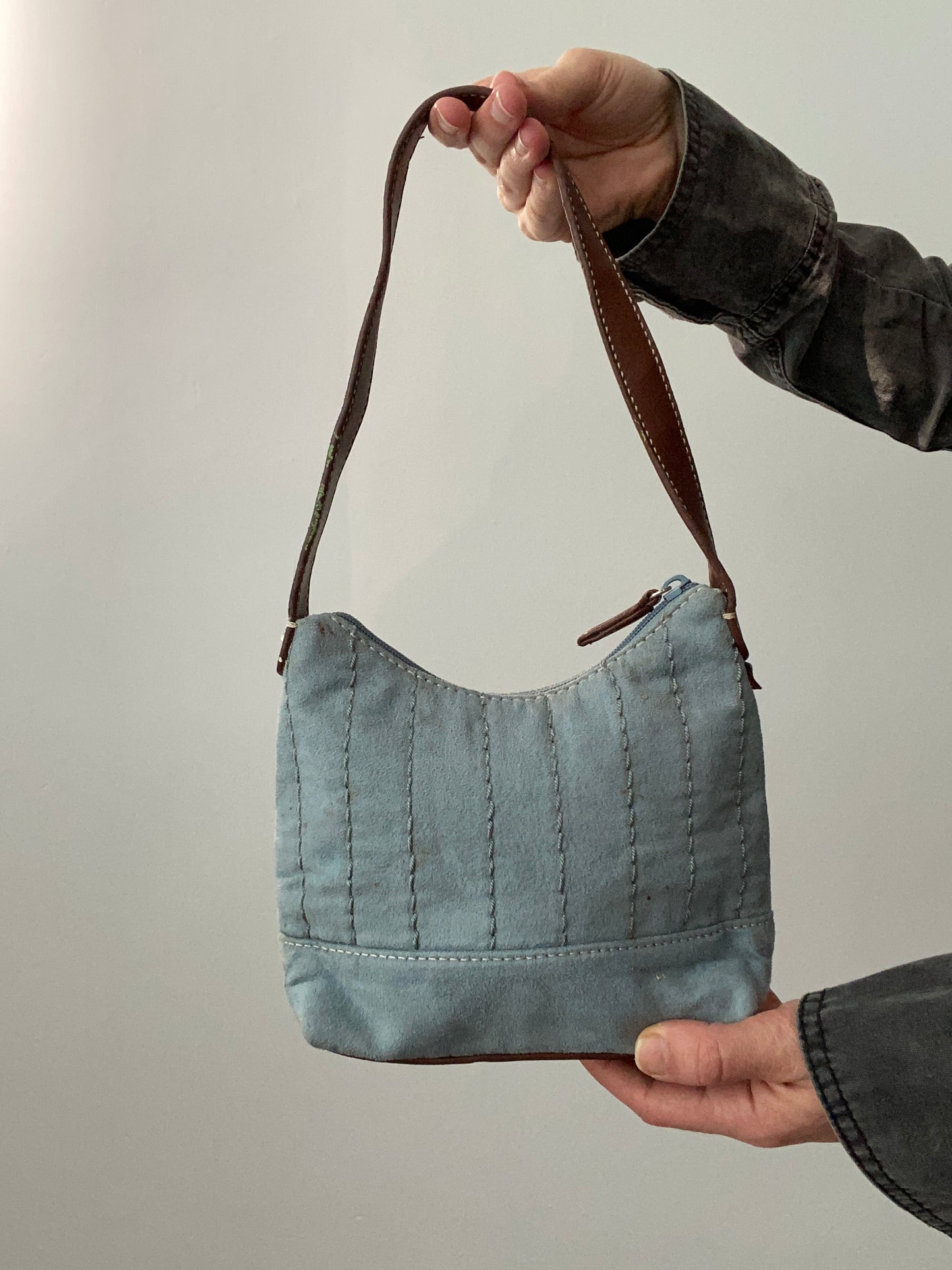 Vintage 00s Baby Blue Suede and Leather Mini Bag - Funky Cat