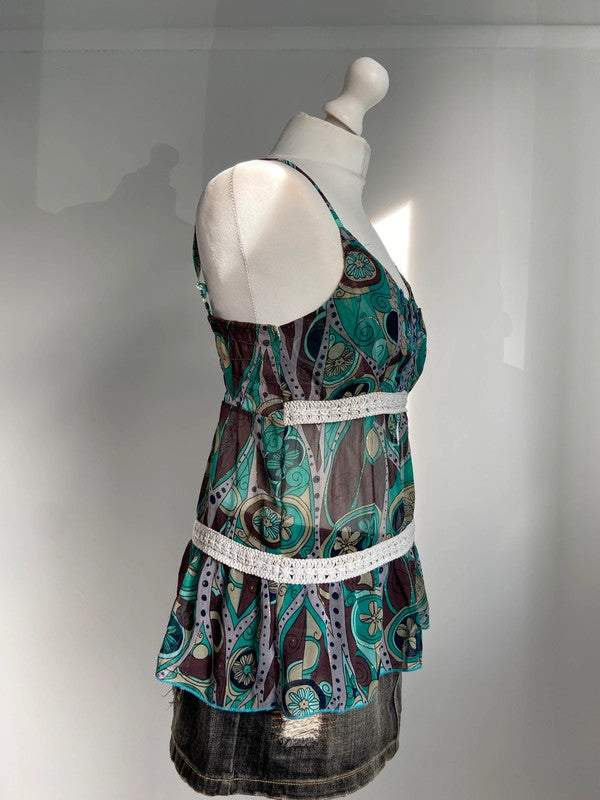 Vintage 00s Babydoll Cami Top - Size S - Funky Cat