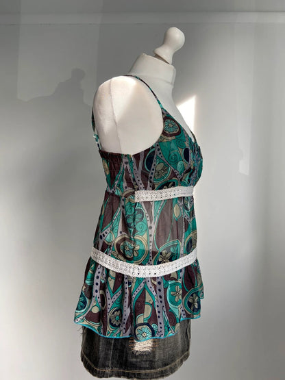 Vintage 00s Babydoll Cami Top - Size S - Funky Cat