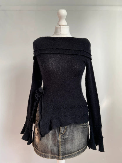 Vintage 00s Asymmetrical Off Shoulder Knit Jumper - Size S - Funky Cat