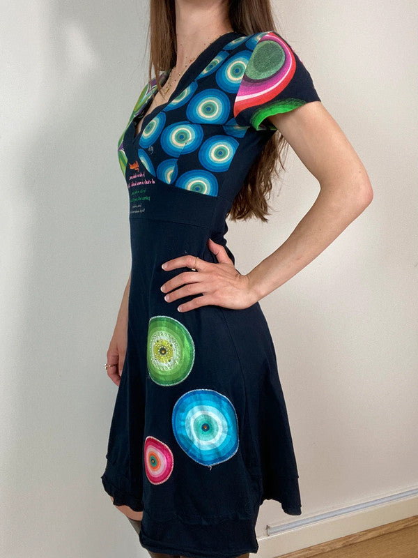 Desigual Funky Print V-Neck Dress - Size S - Funky Cat