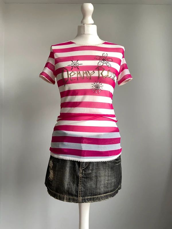 Vintage 00s Striped Baby Tee - Size L - Funky Cat