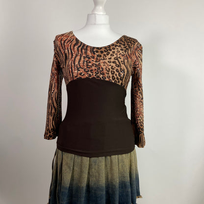 00s Brown & Cheetah Print Shimmery Top - Size S