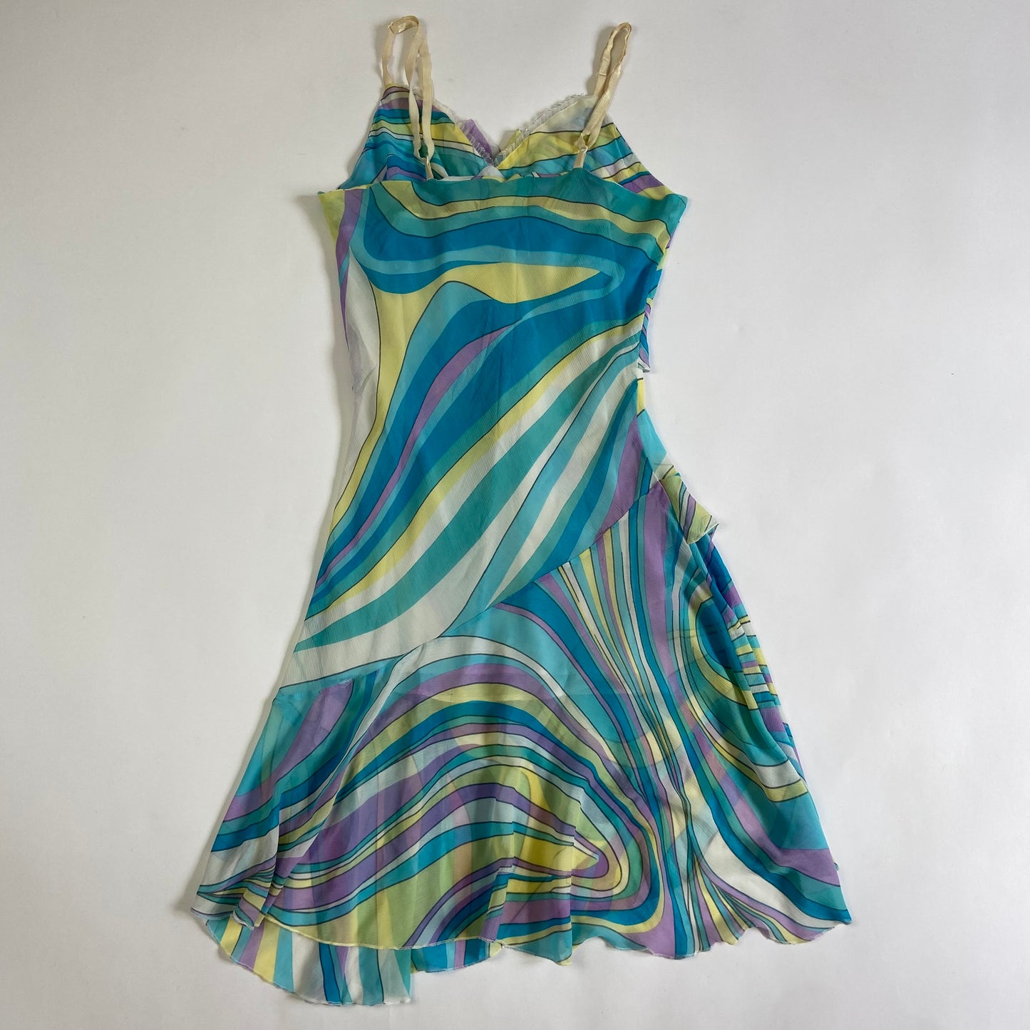 00s Multicoloured Striped Ruffled Dress - Size M/L