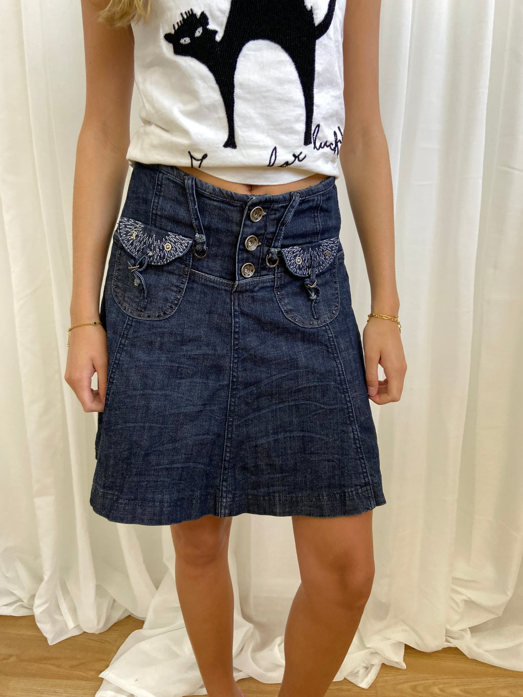 Vintage 00s Grunge Dark Wash Denim Skirt - Size XS UK 10
