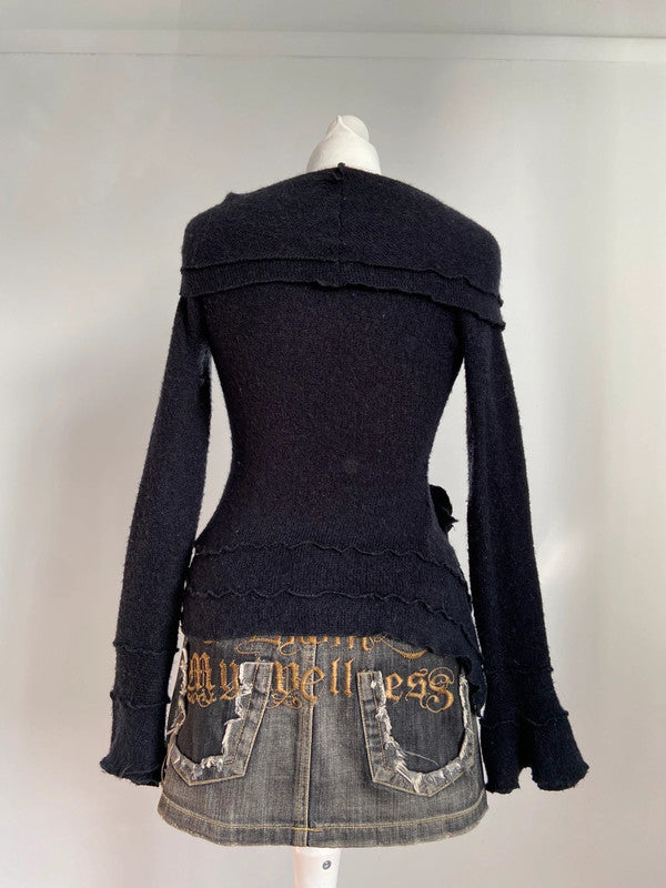 Vintage 00s Asymmetrical Off Shoulder Knit Jumper - Size S - Funky Cat