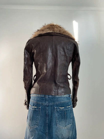 Vintage 00s Fur Trim Leather Jacket - Size S
