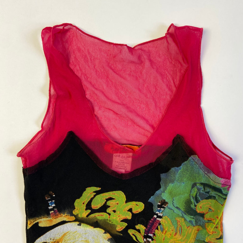 00s Mesh Graphic Print Dress - Size S - Funky Cat
