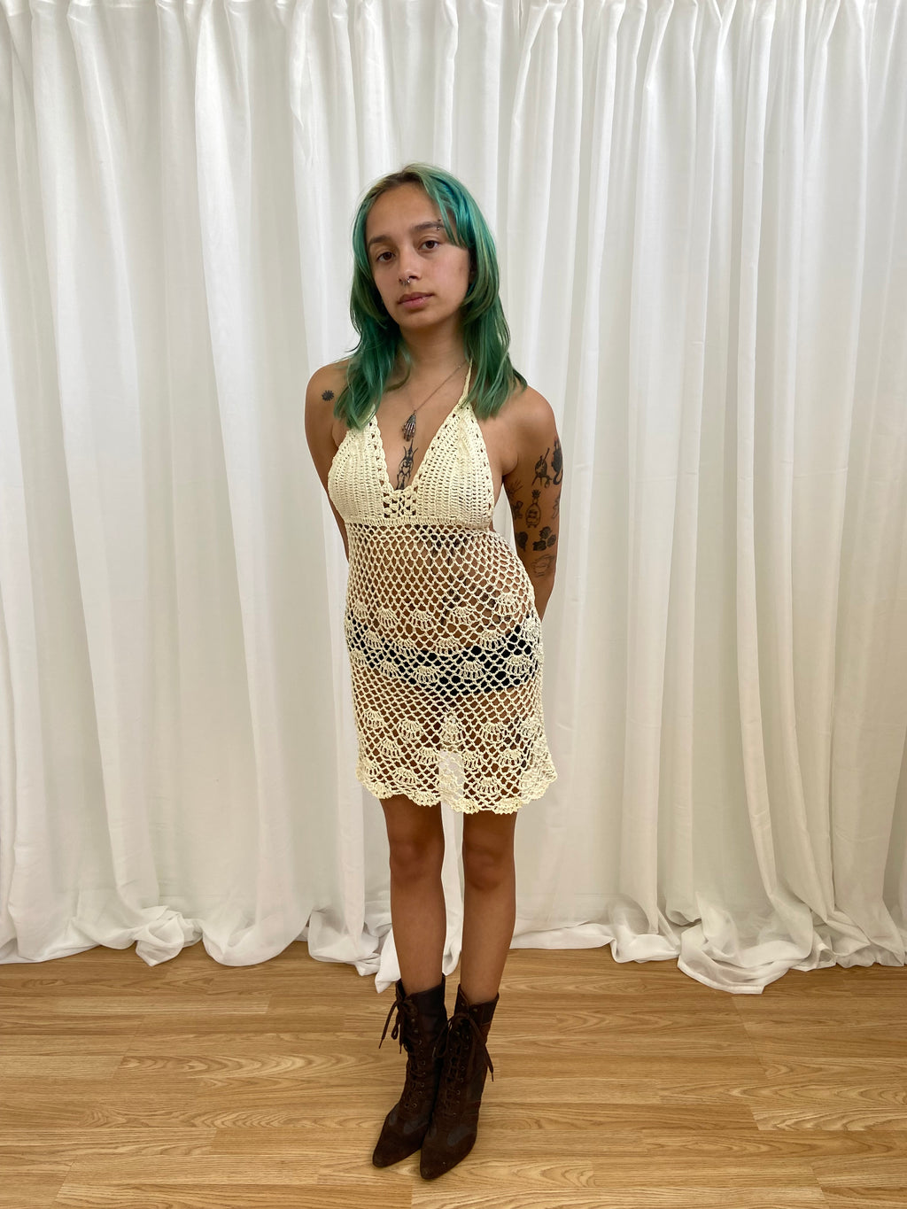 Vintage 00s Crochet Halterneck Dress - Size XS