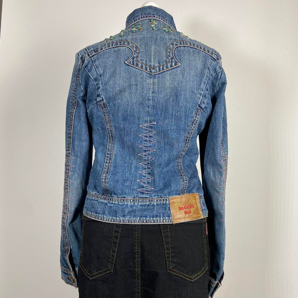00s Embellished Denim Racer Jacket - Size S - Funky Cat