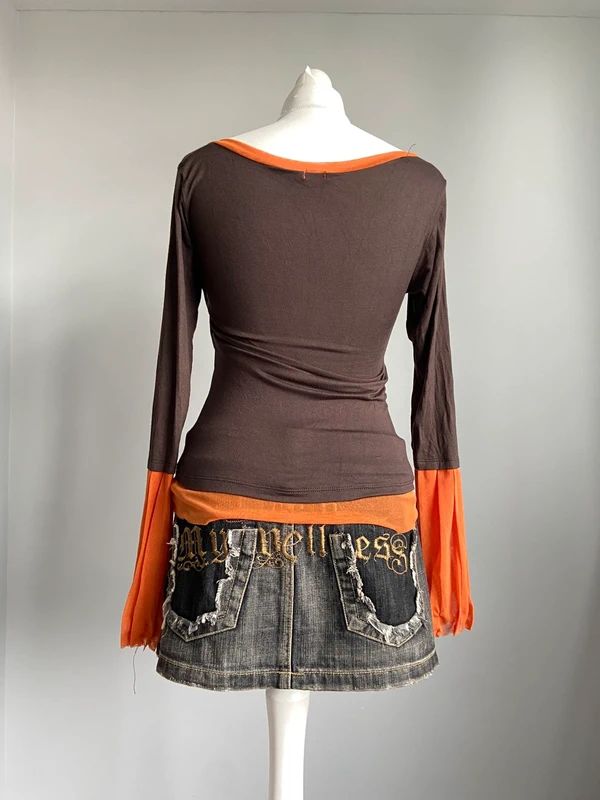 Vintage 00s Brown and Orange Mesh Top - Size M - Funky Cat
