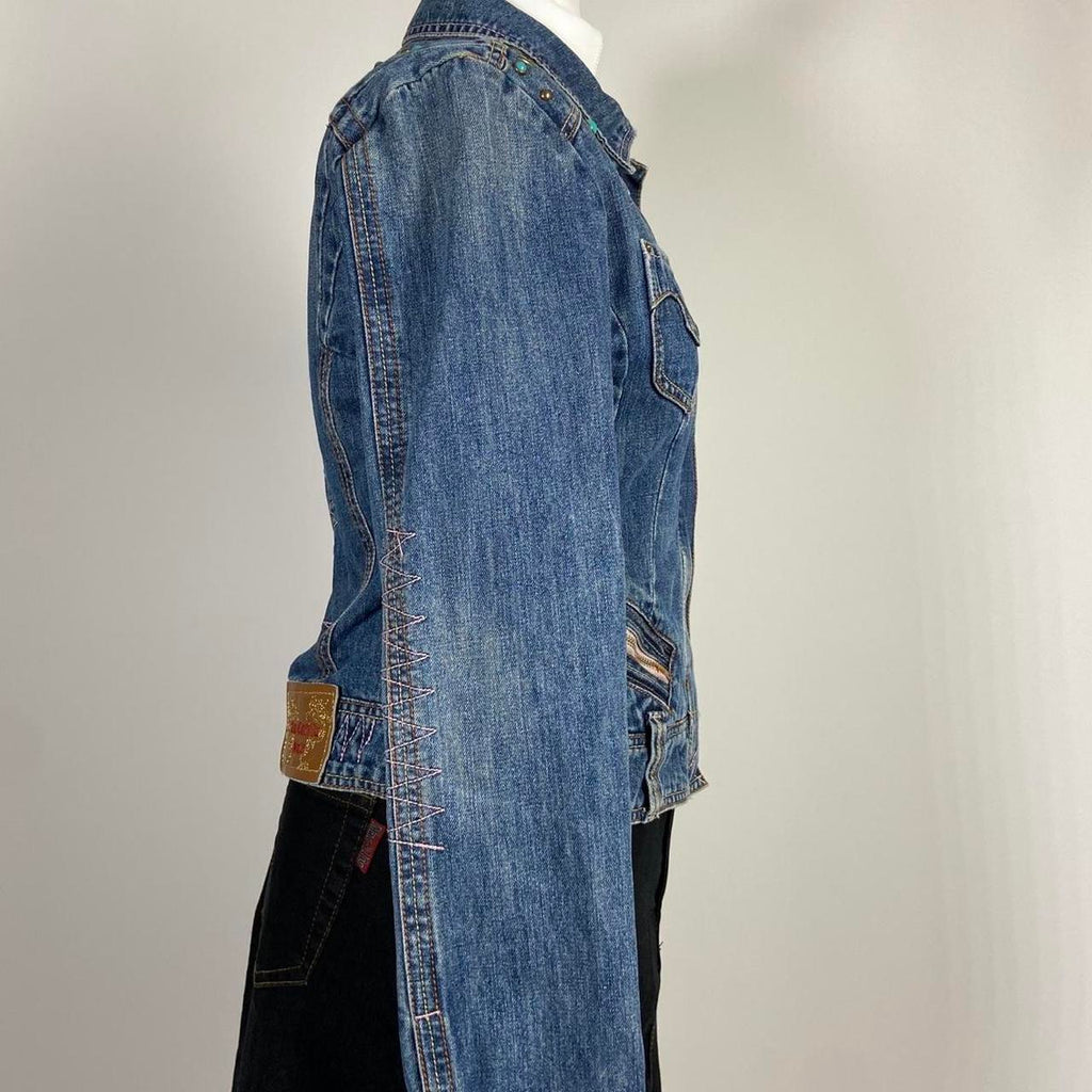 00s Embellished Denim Racer Jacket - Size S - Funky Cat