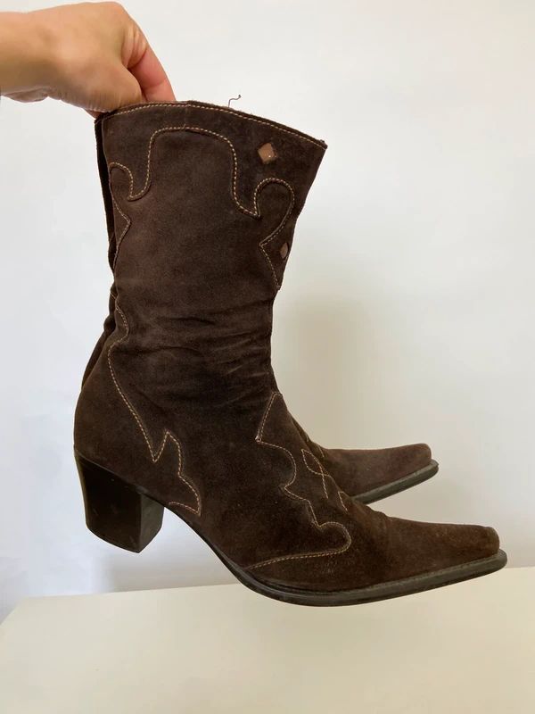 Vintage Boho Suede Cowboy Boots - Size UK 6