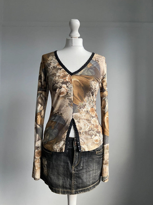 Vintage 00s Graphic Print Top - Size S/M - Funky Cat