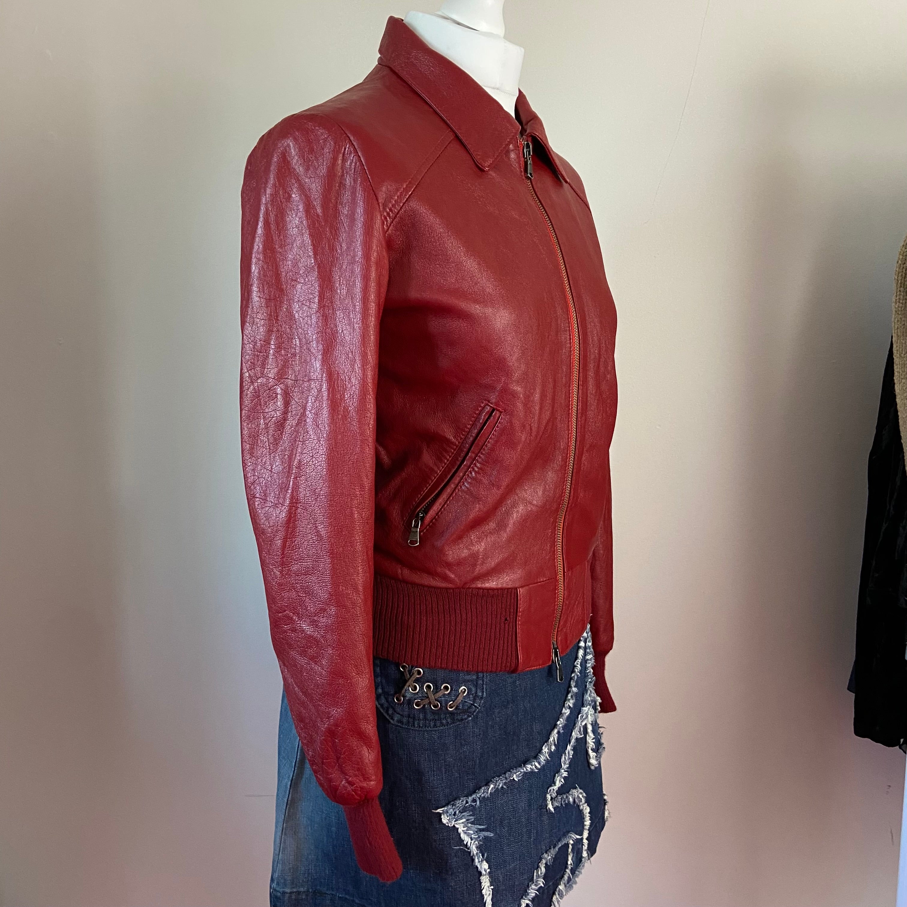 00s Burgundy Leather Jacket - Size S - Funky Cat
