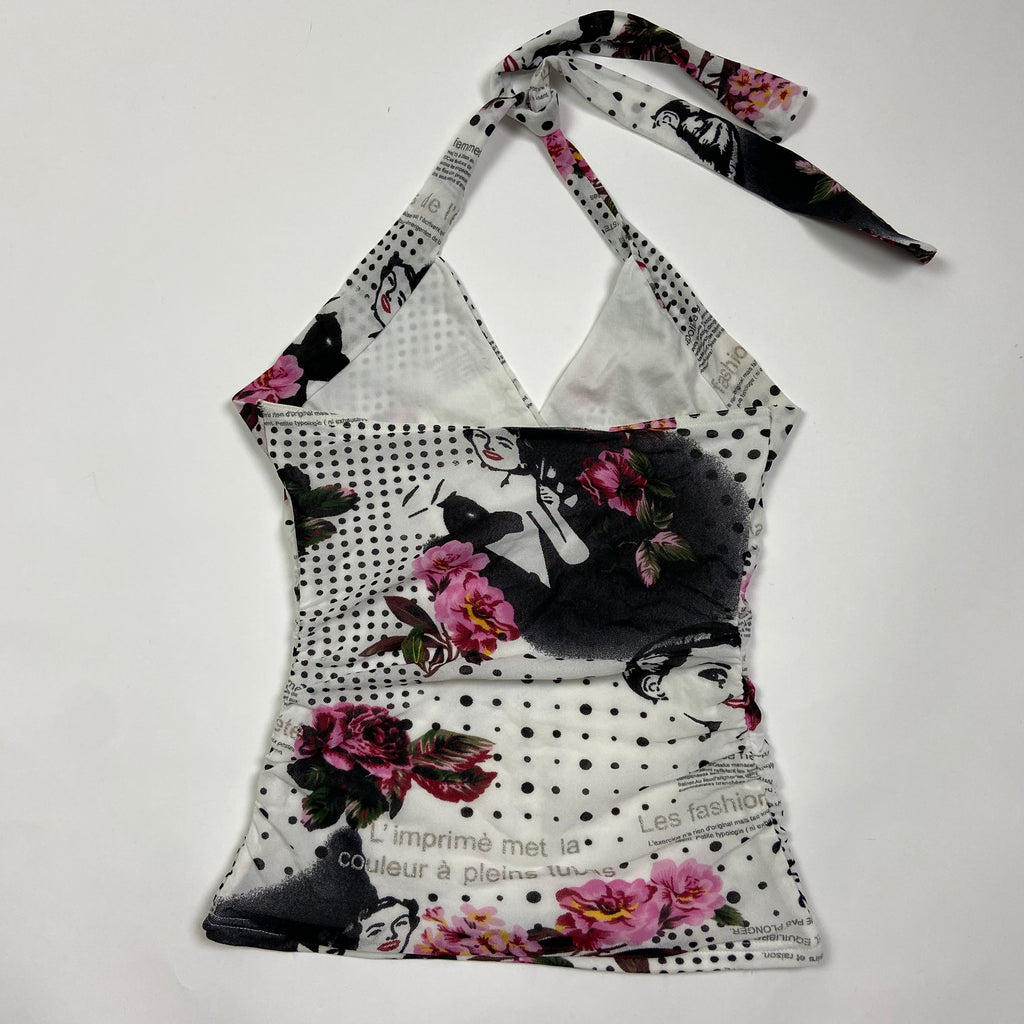 00s Graphic Halter Neck Top - Size XS/S - Funky Cat