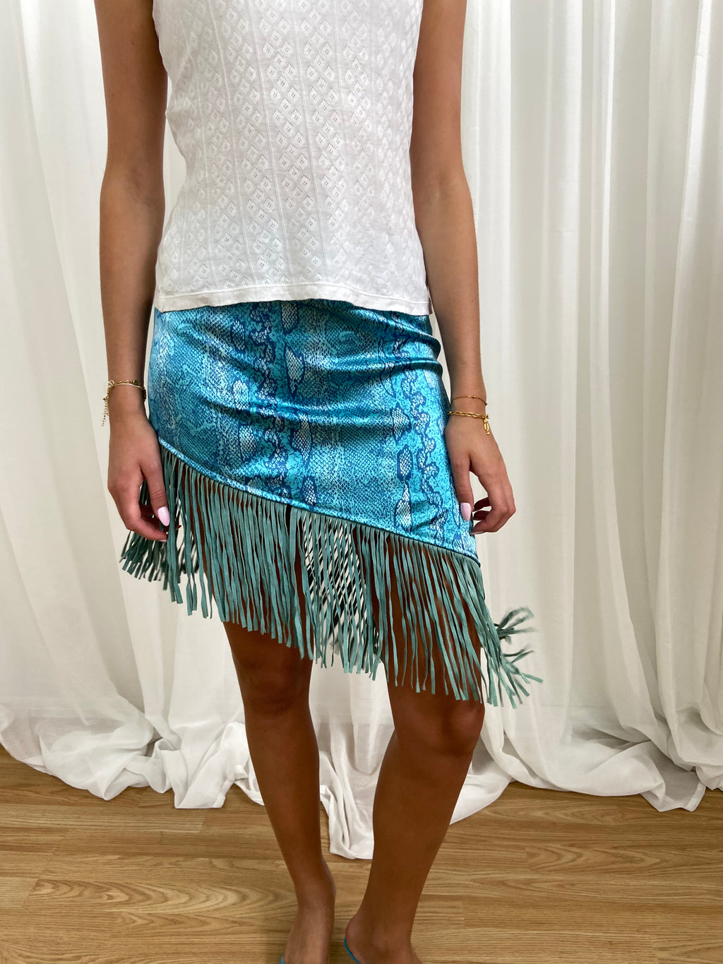 Vintage 00s Blue Fringe Mini Skirt - Size 10 - Funky Cat