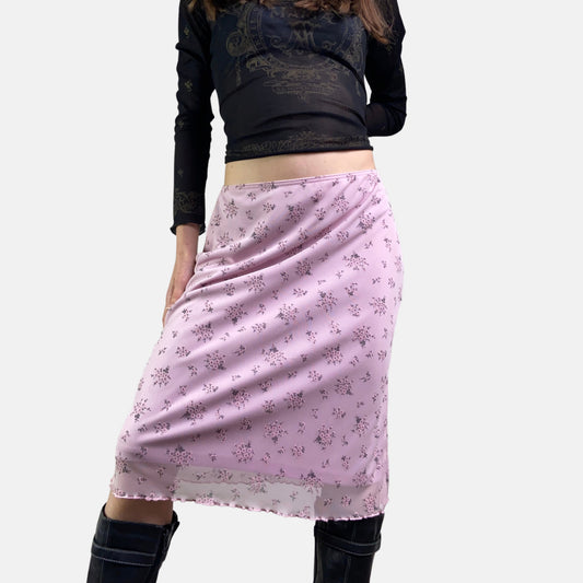 00s Baby Pink Floral Mesh Skirt - Size XS/S