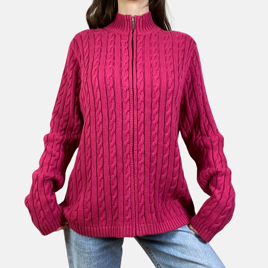 90s Cable Knit Zip Jumper - Size L - Funky Cat