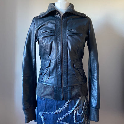 00s Blue & Grey Ruched Leather Jacket - Size M