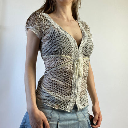 00s Polka Dot Mesh Blouse - Size S