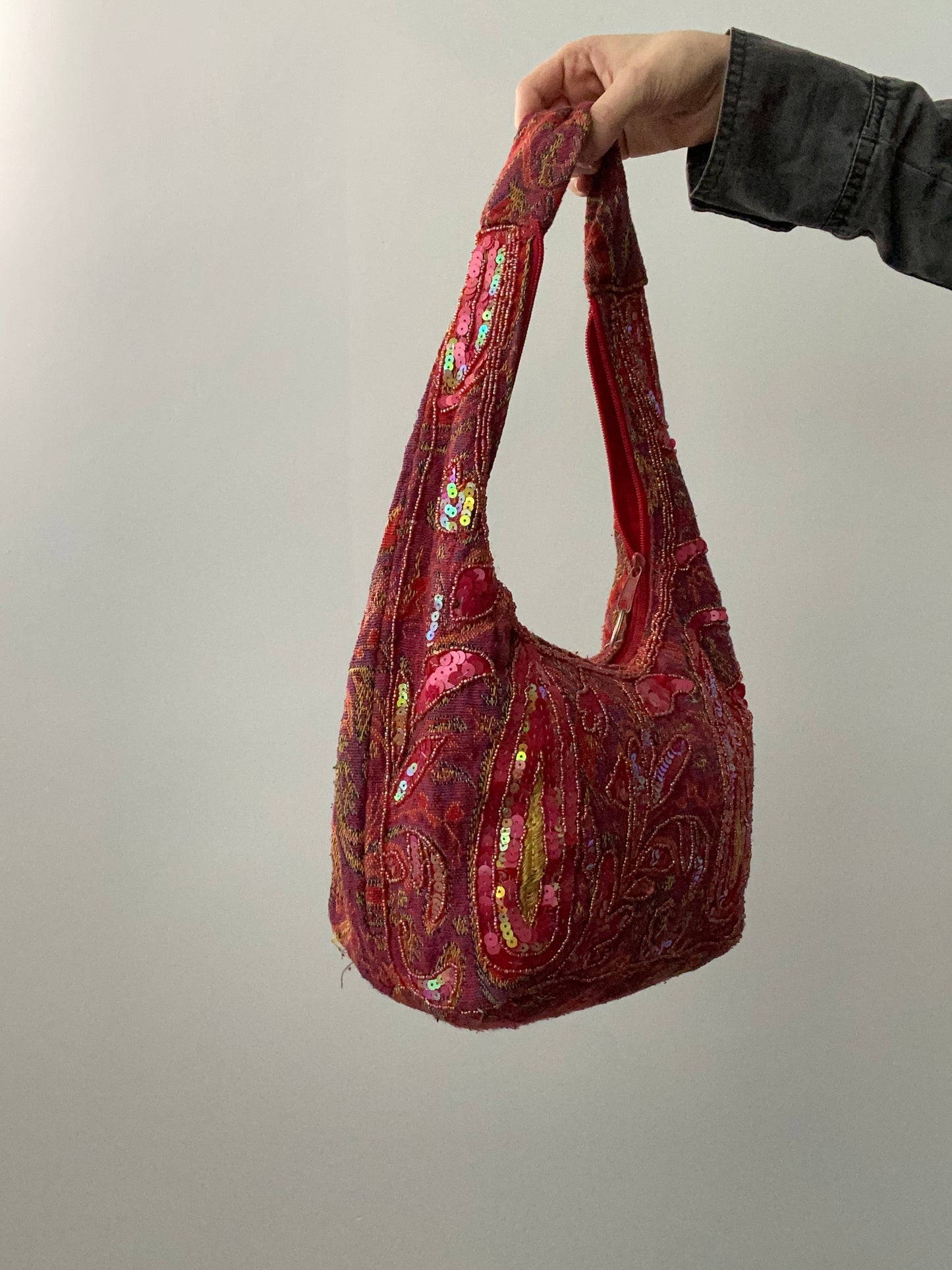 Vintage 00s Sequin Beaded Slouchy Shoulder Bag - Funky Cat