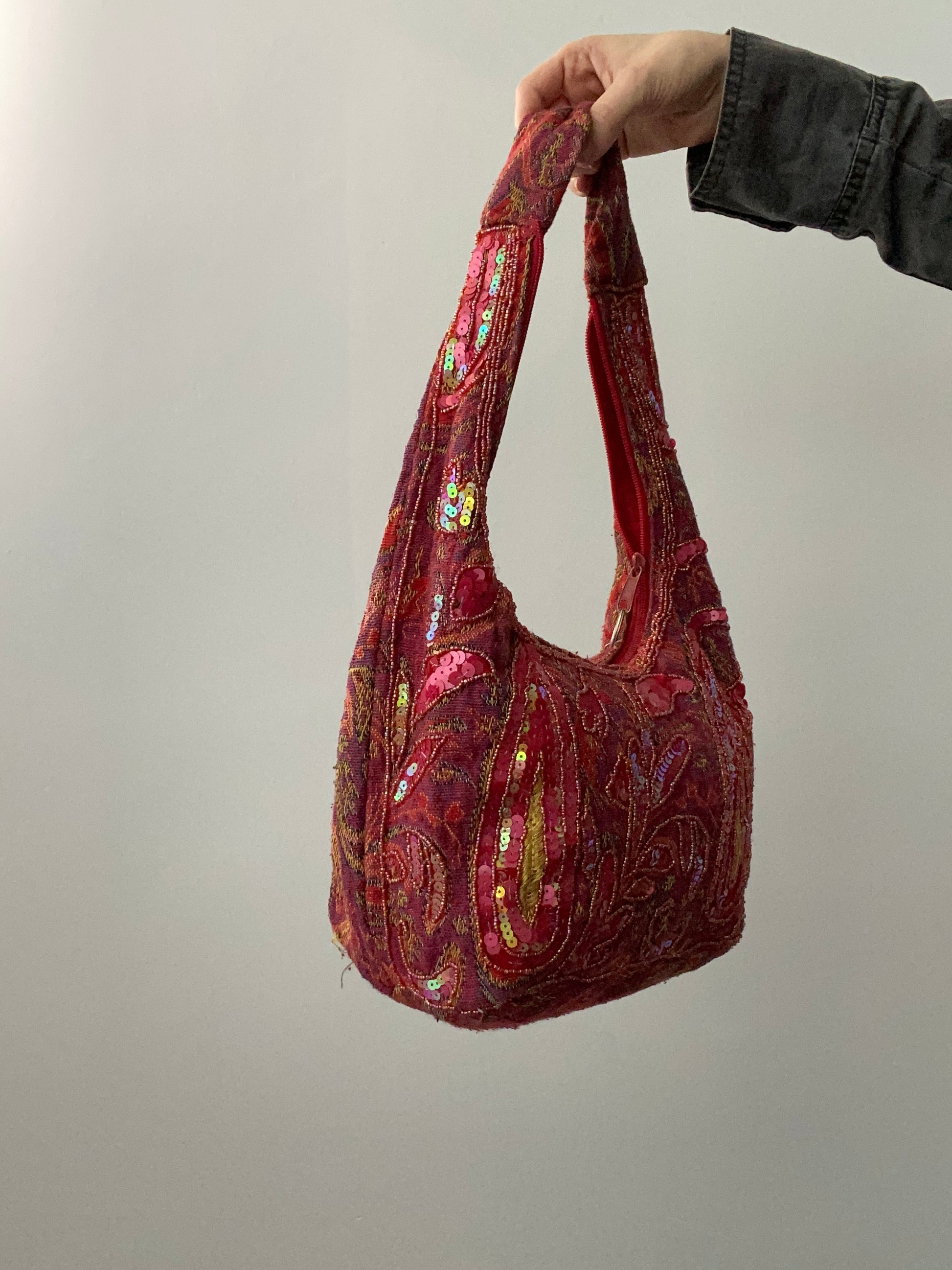 Vintage 00s Sequin Beaded Slouchy Shoulder Bag - Funky Cat