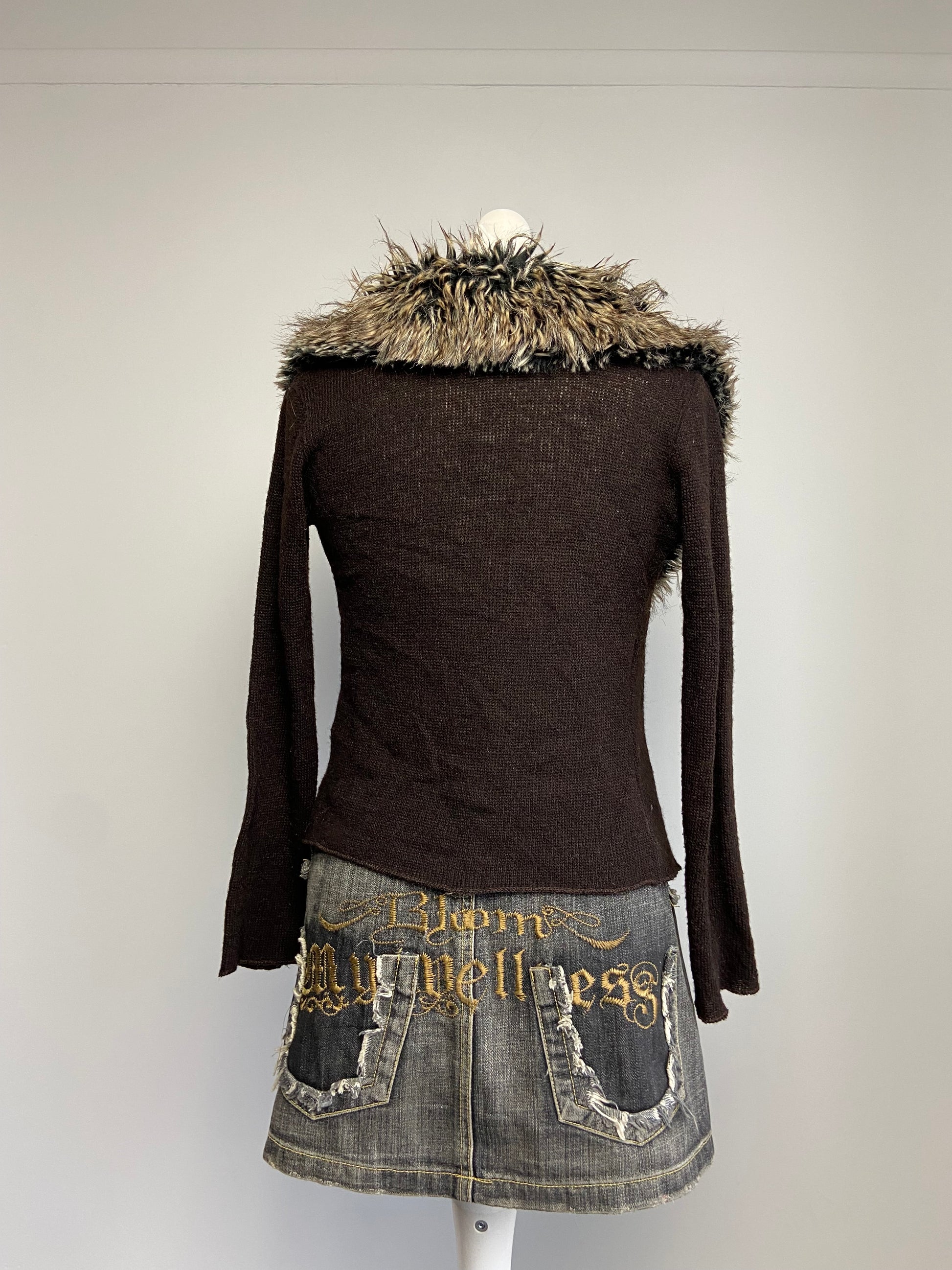 Vintage 00s Fur Trim Tie Cardigan - Size S/M - Funky Cat