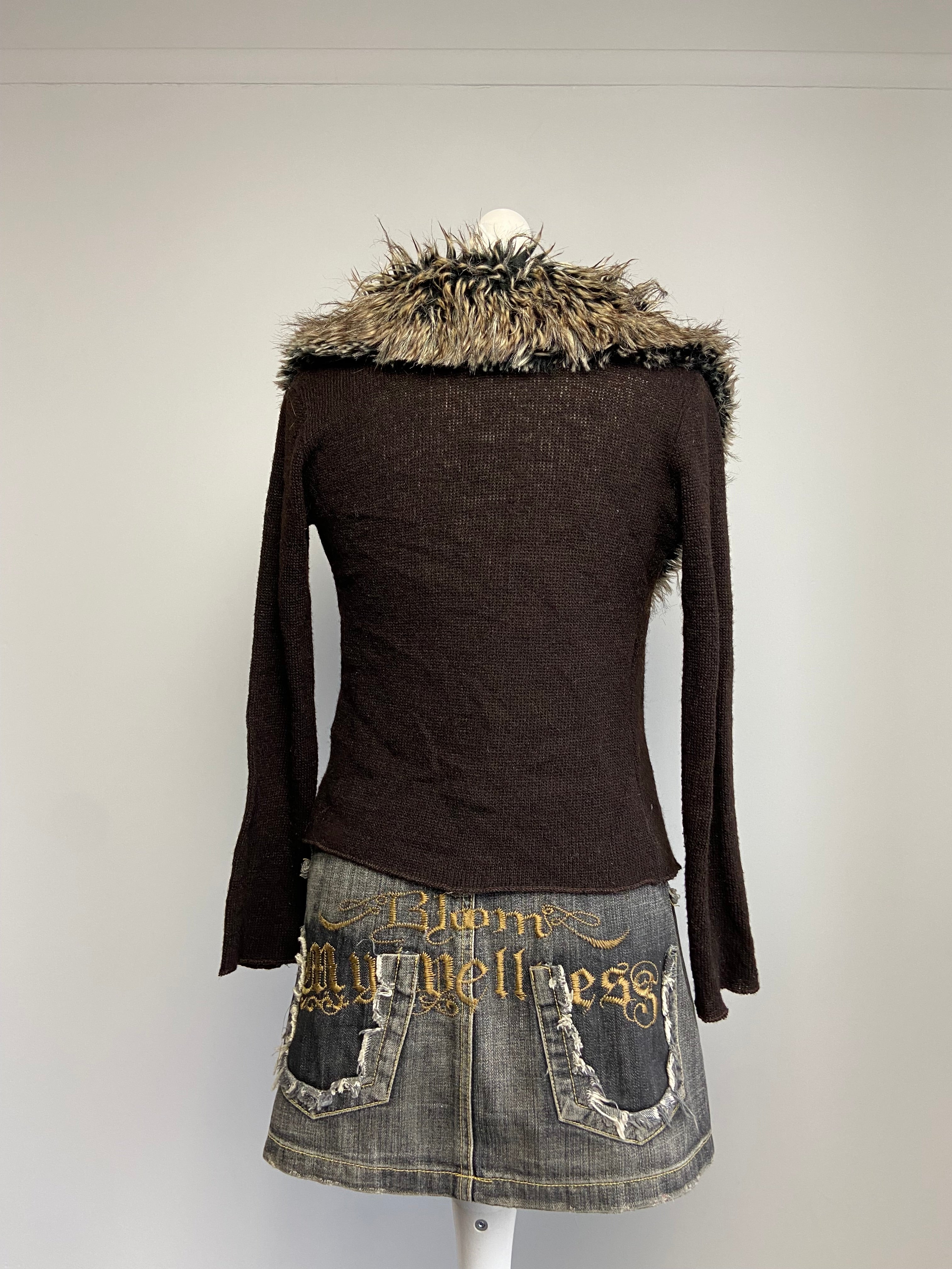 Vintage 00s Fur Trim Tie Cardigan - Size S/M - Funky Cat
